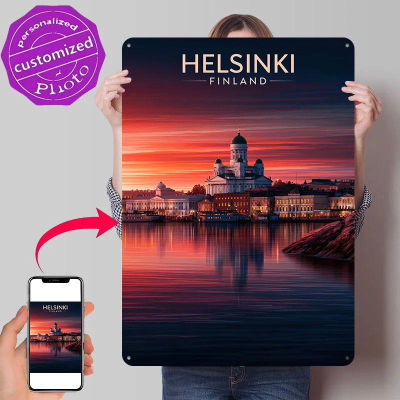 Helsinki Finland Sunset Personalized 3D Textured Metal Poster Wall Art Vintage Tin Signs for Room Decor Luxury Decoration Home