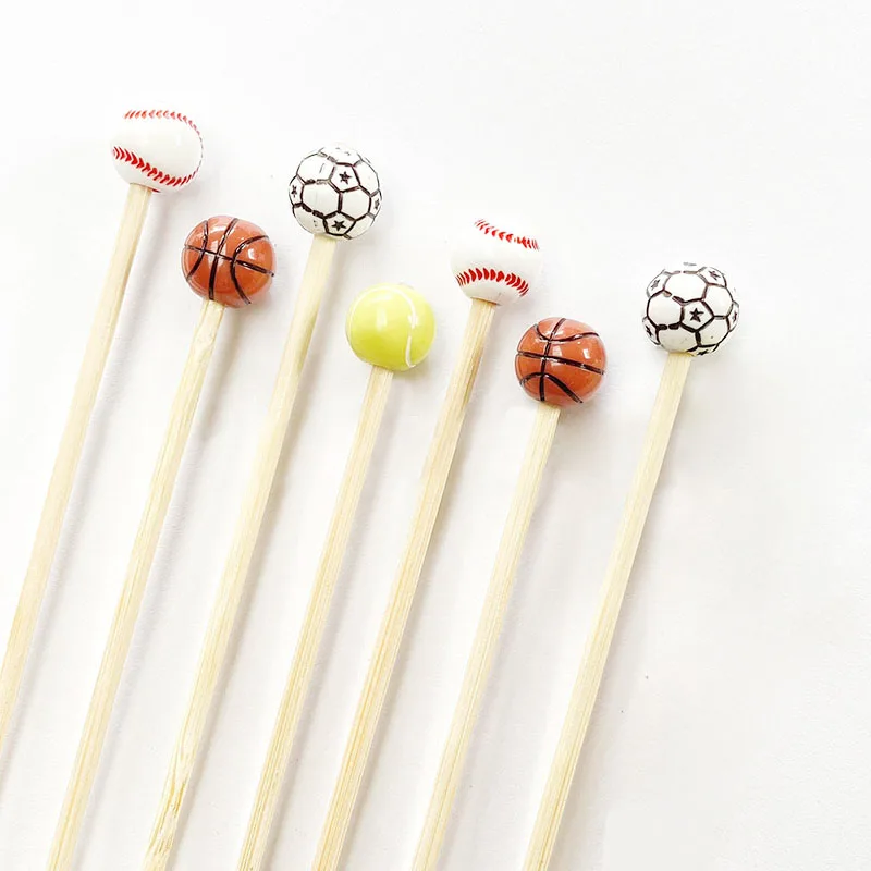 500pcs Creative Football Fruit Pick Disposable Food Bamboo Stick Fork Basketball Baseball Tennis Sport Theme