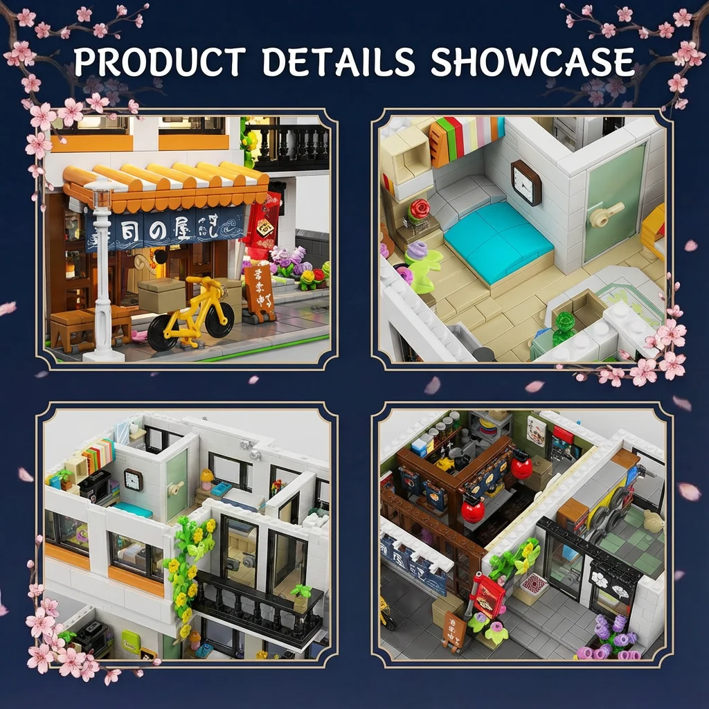 3911PCS Sushi Shop Apartment Building Blocks Set Japanese Street View House Cherry Blossom Architecture Modular Model Kit with 5 Figuren and LED Lighting DIY Assembly Bricks Toys for Adults Gift Desktop Ornament Collection Display Home Decortion