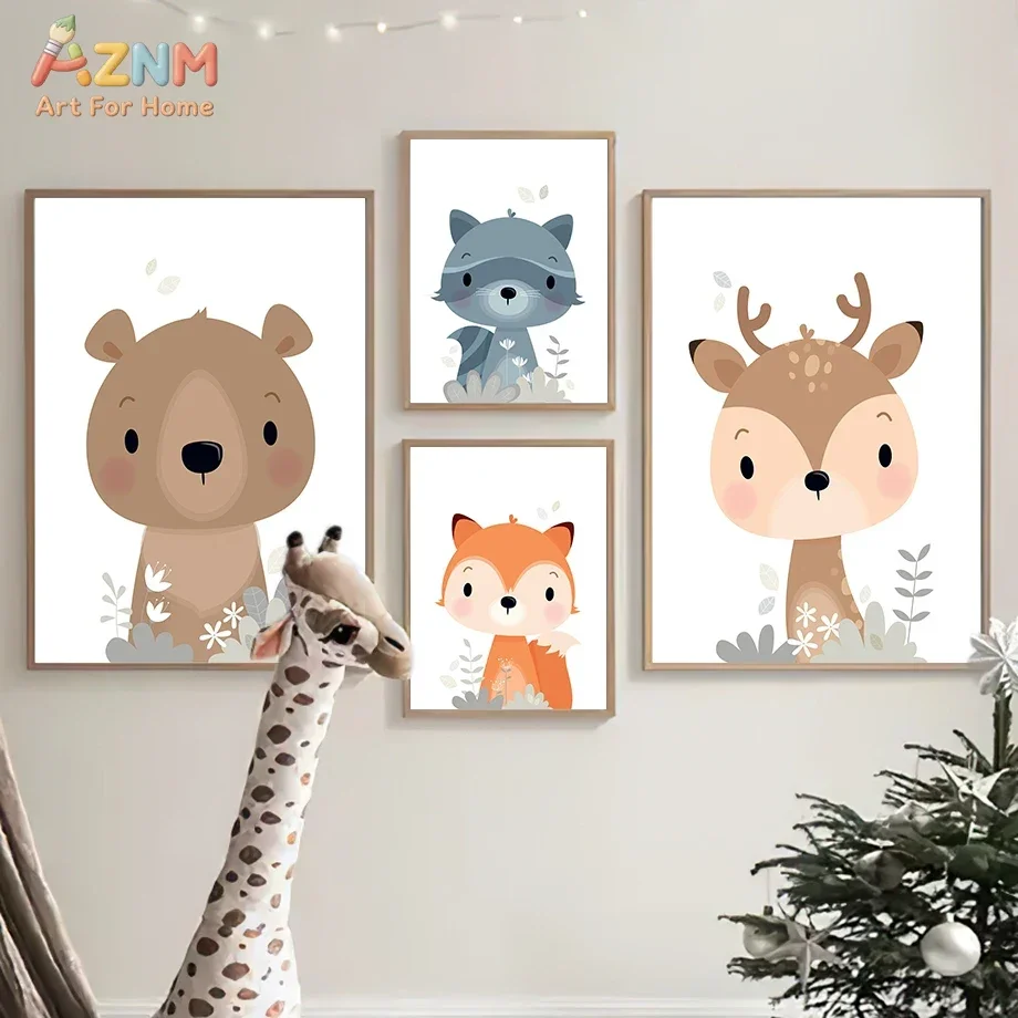 AZNM Cute Woodland Forest Animal Canvas Wall Art, Minimal Deer Rabbit Fox Squirrel Cartoon Nursery Baby Room Home Wall Decor Unf