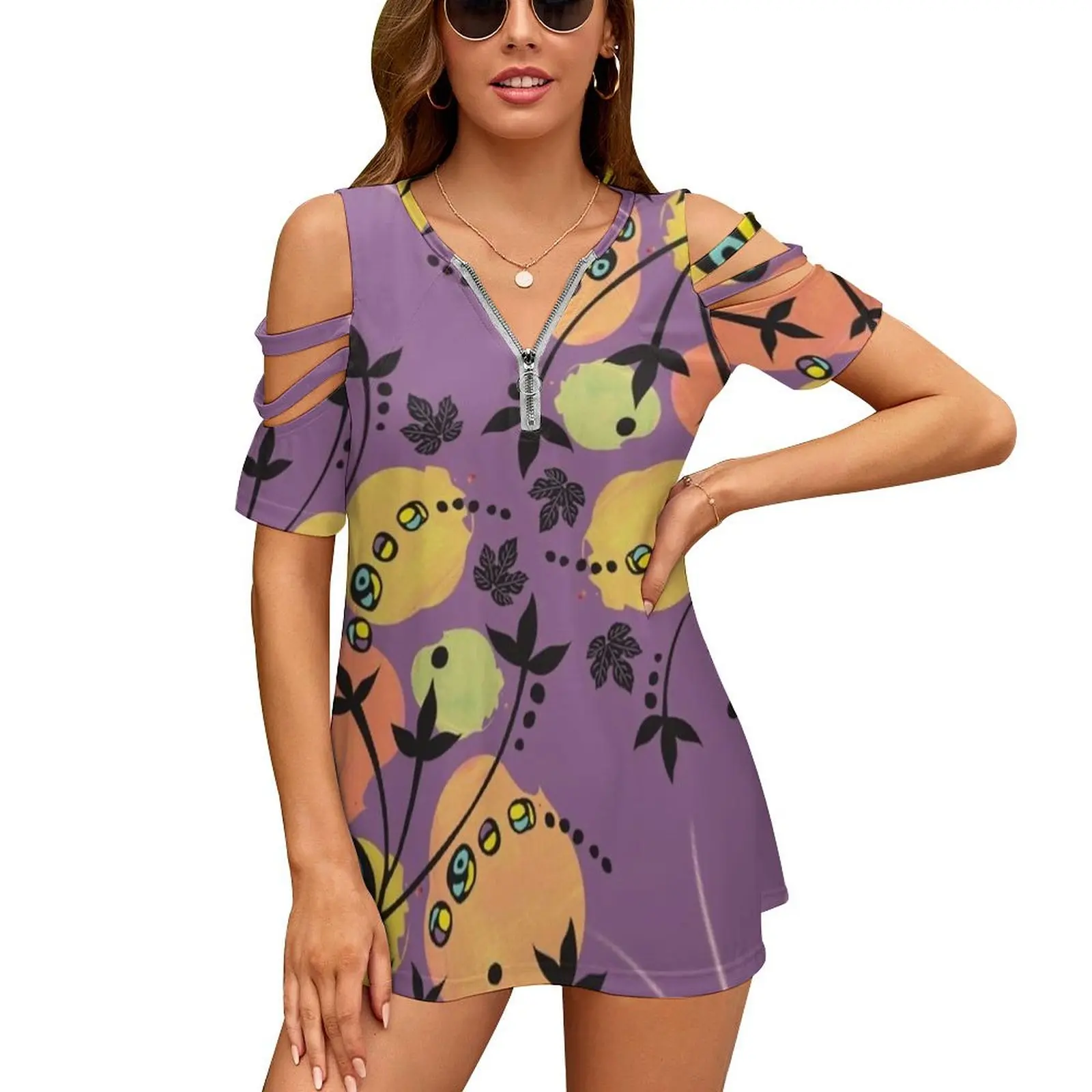 Orange Blob Plant With Purple Background A-Line Dress Women's T-Shirt New Fashion Printed Zipper V-Neck Short Sleeve T Shirts
