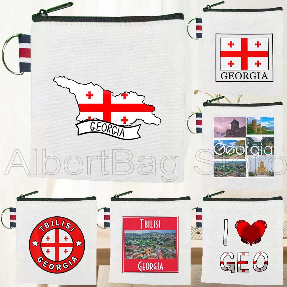

Tbilisi Georgia Country Flag Map Подарки Холщовый кошелек для монет Маленькая квадратная сумка для ключей Хлопковая сумка для хранения карт Кошелек на молнии