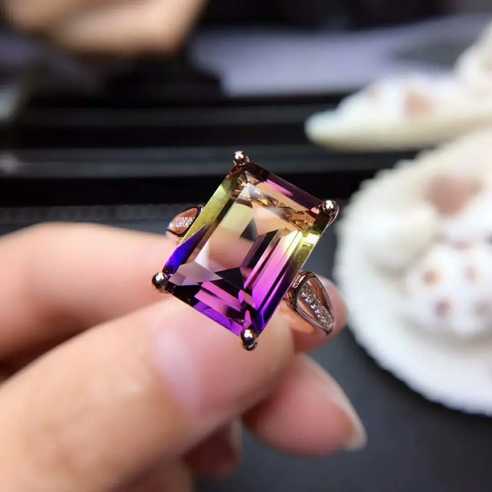 

MeiBaPJ Natural Rectangle Ametrine Gemstone Fashion Ring for Women Real 925 Sterling Silver Fine Charm Party Jewelry