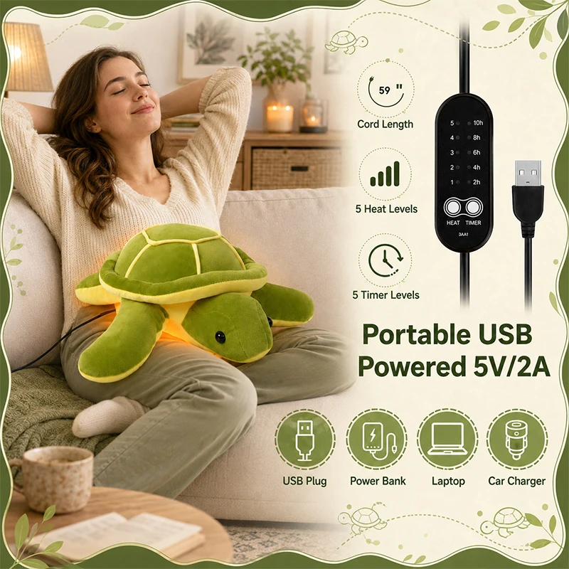 Turtle Heating Pillow Portable Electric Heat Pad USB Powered Cute Stuffed Animals for Women Wife Funny Birthday Easter Christmas