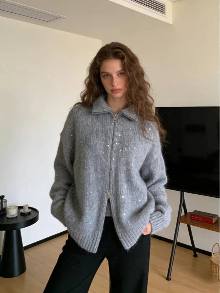 

2025 New Autumn Winter Woman Y2k Full Sleeve Sweaters Lady Jacket Knitwear Sequins Knit Women 's Sweater Elegant Stand Collar