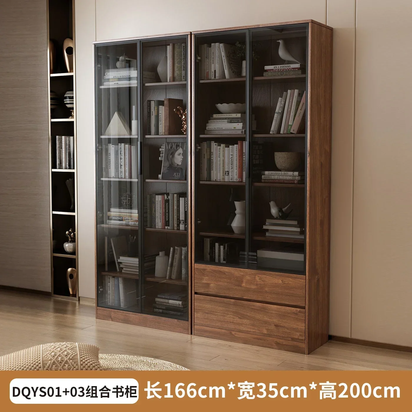 Solid wood bookcase, locker with glass door, free combination of whole wall cabinet, integrated household living room wall displ