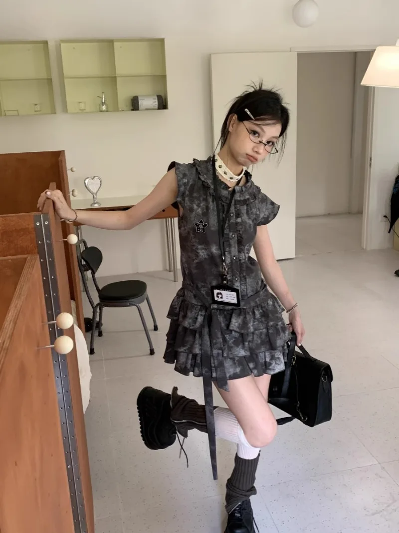 Japonês verão estilo universitário punk mangas voadoras rendas batendo unhas estrela bordado tie-dye em torno do pescoço vestido em camadas para mulher