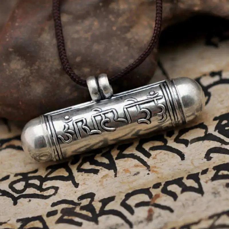 Tibet Mantra Gau Prayer box Nepal 925 Silver Cylinder Pendant OM HUM MANI PADEME Lockets T9041