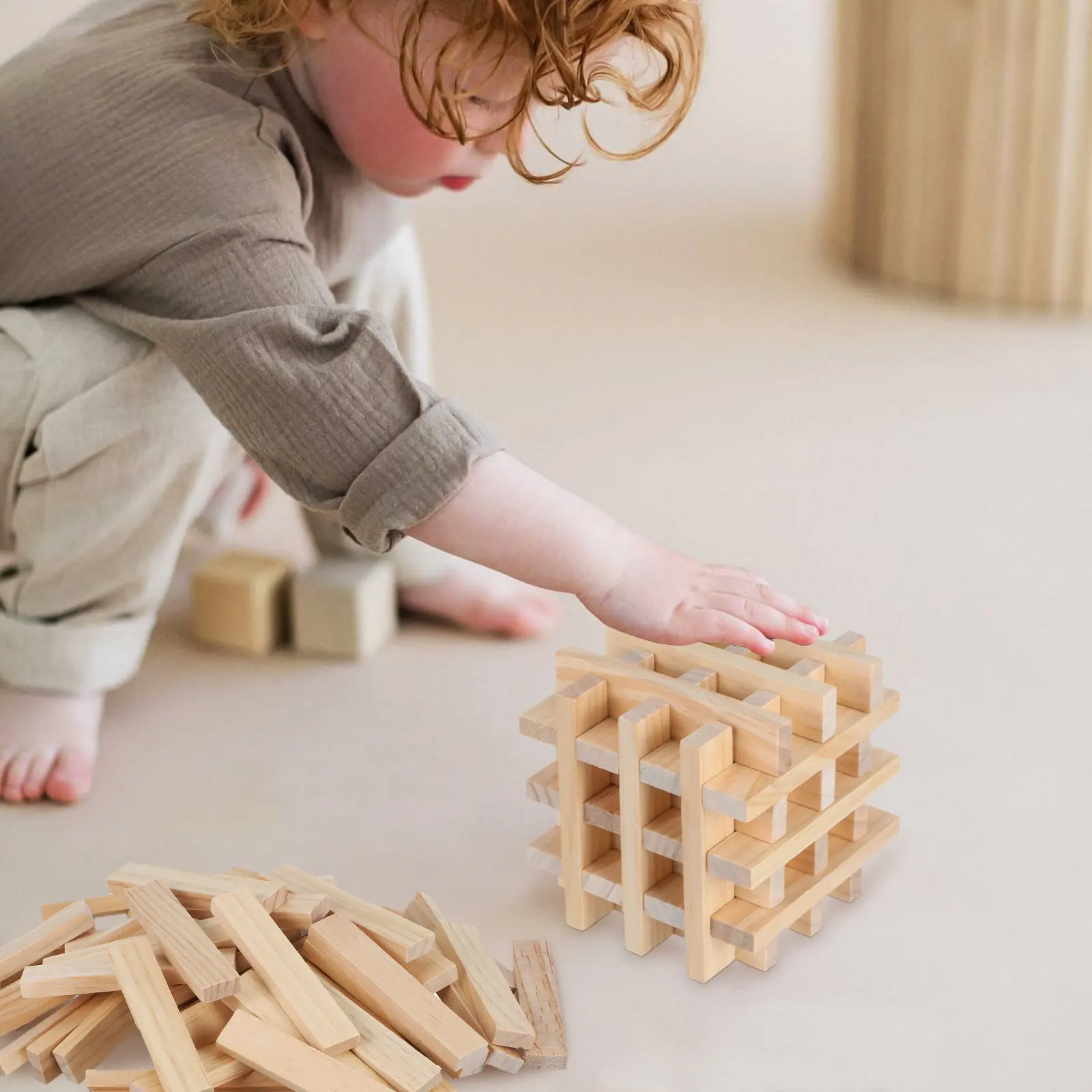 100Pcs Wooden Stacking Blocks Natural Solid Wood Building Set for Kids Toddlers Montessori Learning Fine Motor Skills