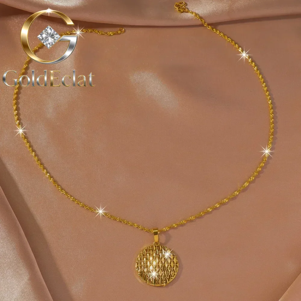 

GoldEclat High-end Design Versatile Women's 9999 24K Real Gold Geometric Round Pendant Necklace Hollow Pendantgift