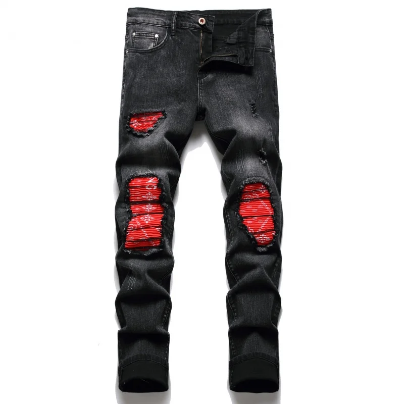 New Men'S Jeans Fashionable Designer Spliced Hole Patch With Diamond Straight Elastic Motorcycle Bike Casual Denim Pants