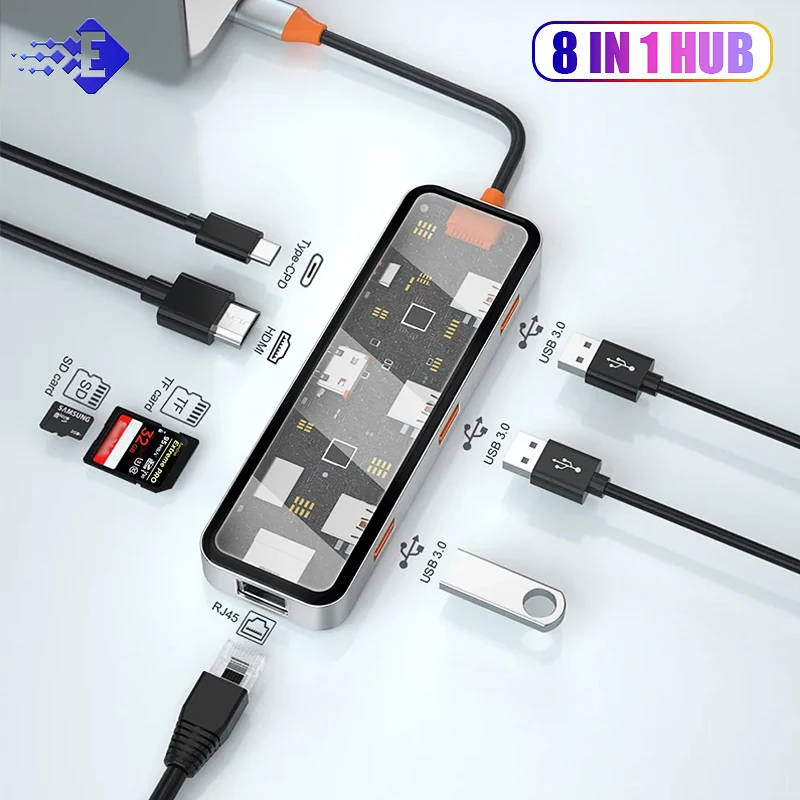 

USB C Hub 8 in 1 Type C 3.1 To HDMI-4K Adapter 5GB RJ45 SD/TF Card Reader HUB USB 3.0 100W PD Fast Charge For MacBook Laptop