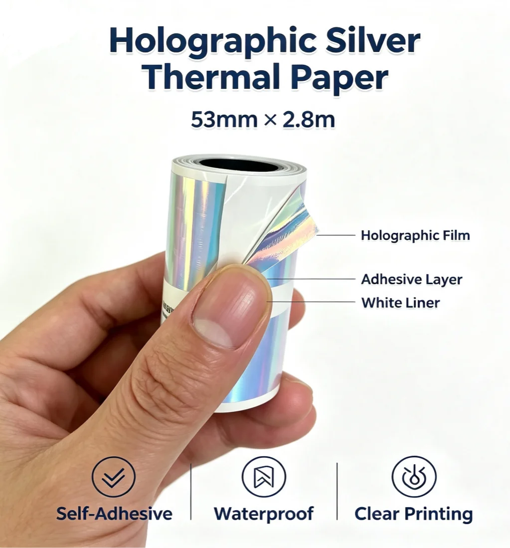 Holographic Iridescent Rainbow Thermal Sticker Paper 53mm*2.8m Self Adhesive Label Tape With White Release Liner Waterproof Oil