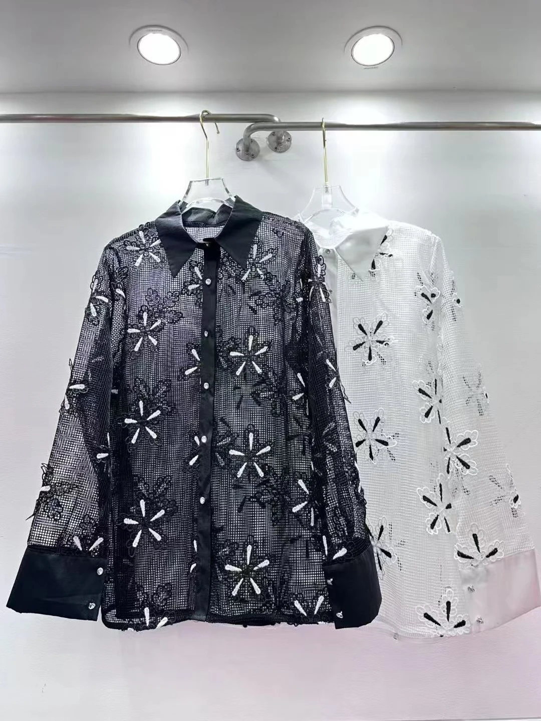 

Ele Embroidered Lace Hook Flower Hollow out Thin irt Women's Spring Faion Korean Sle Loose Fit Long Sve Button up