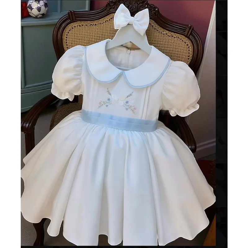 0-12Y Girls Summer Butterfly Embroidery White Dress with Hairpin and Big Blue Bow for Birthday Party Holiday Photography B573