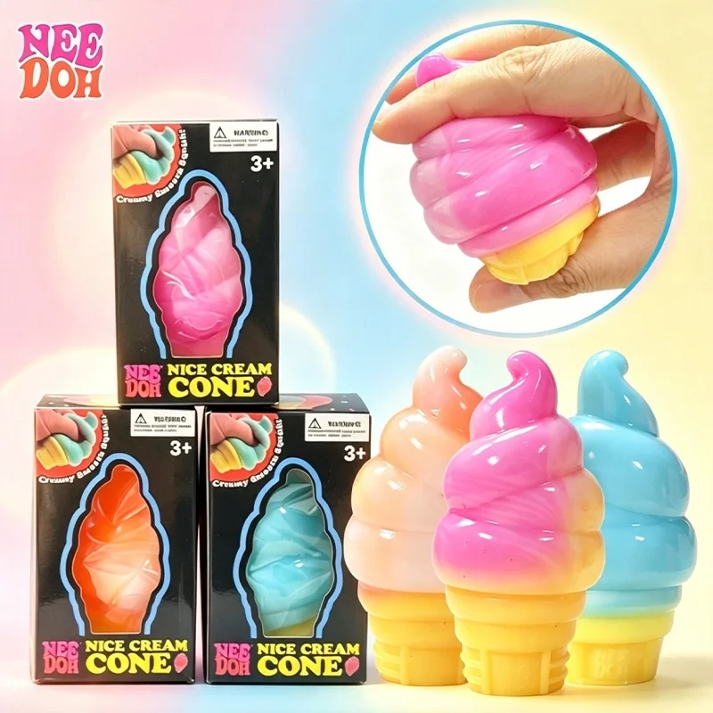 Needoh Nice Cream Cone Gradient Squishy Squeeze Toy TPR Stress Relief Fingertip Play With Pinch Sensory Toy for Office Desk Vent