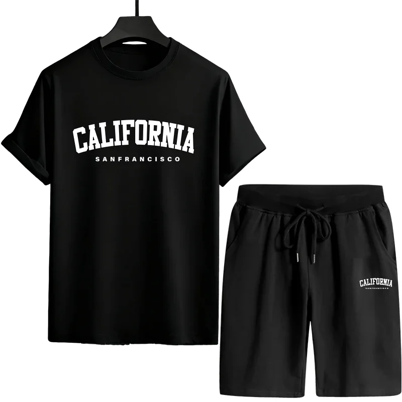 

2026 California Print Tracksuit for Man Spring Summer Daily Casual Fashion Short Sleeve Outfit T-shirt and Shorts Men's Clothes