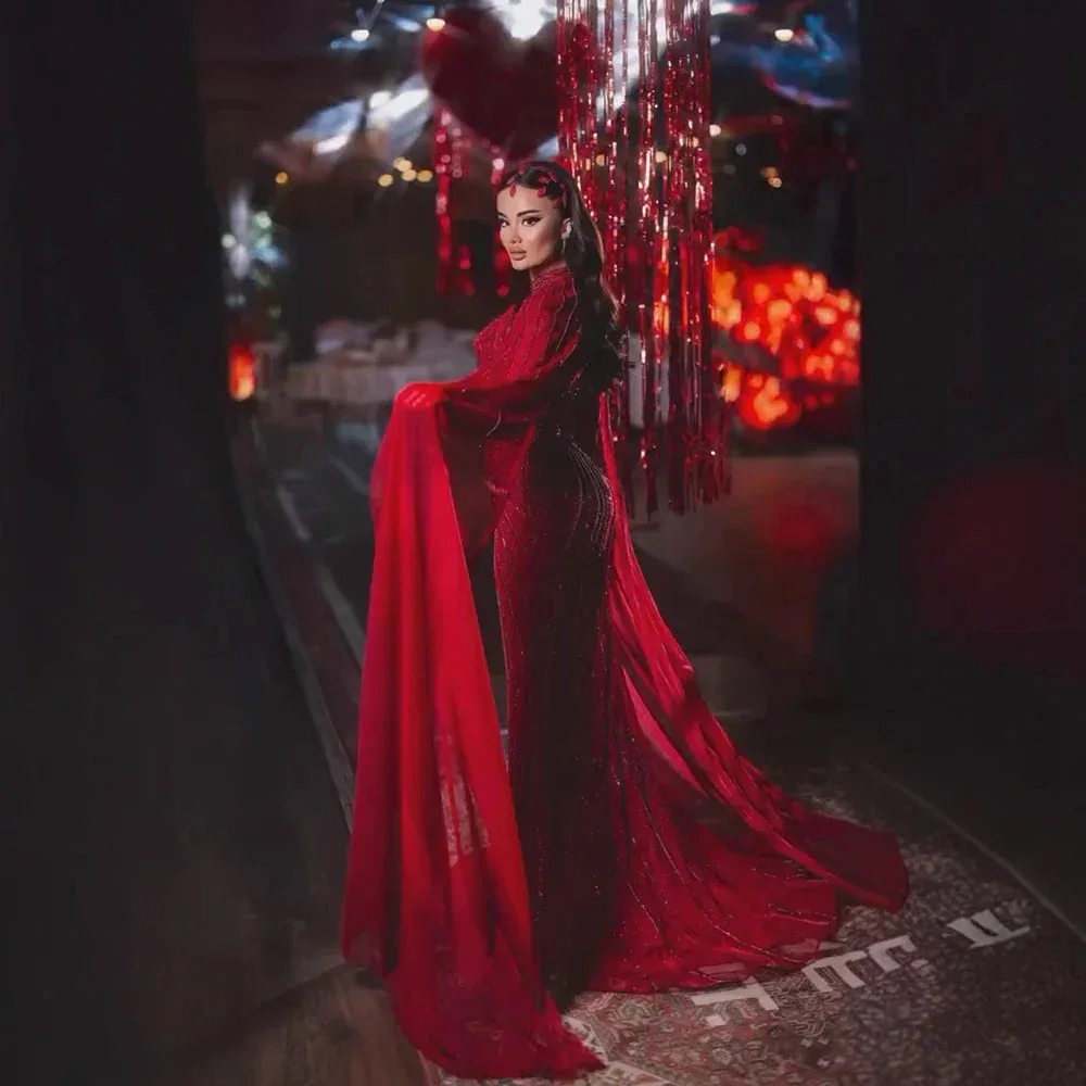 Eshaut & Bridal Elegante abito da sera a sirena per donna con maniche a mantella 2025 Abito lungo da cerimonia nuziale formale da ballo personalizzato