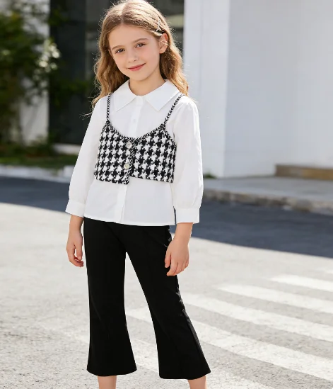 Three Piece Set 2026 Spring and Autumn Girls' Long Sleeved White Shirt Grid Strap Vest Bell Bottom Pants Suit