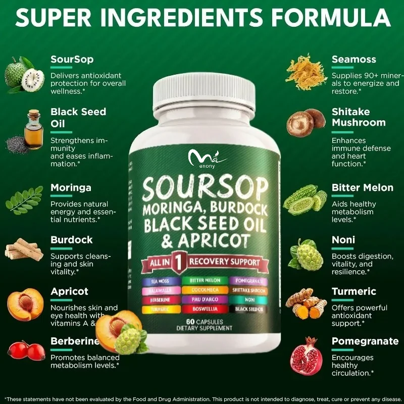 Annona Capsules Contain Moringa, Seaweed, Black Seed Oil, Berberine, Turmeric, Quercetin Frankincense, Bitter Melon Eat