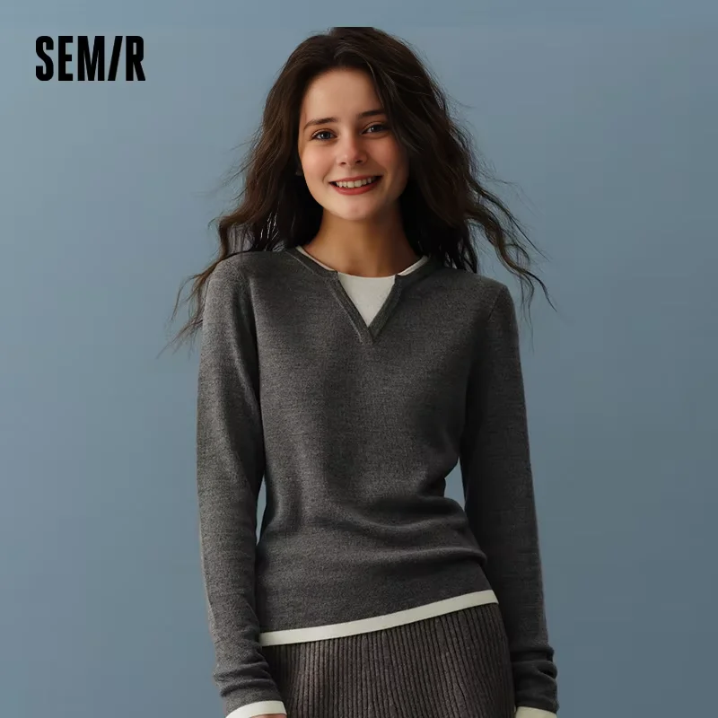 

Semir Knitted Sweater Women Wool-Containing Round Neck Slim Fit Temperament 2025 Winter NewColorblock Sweater