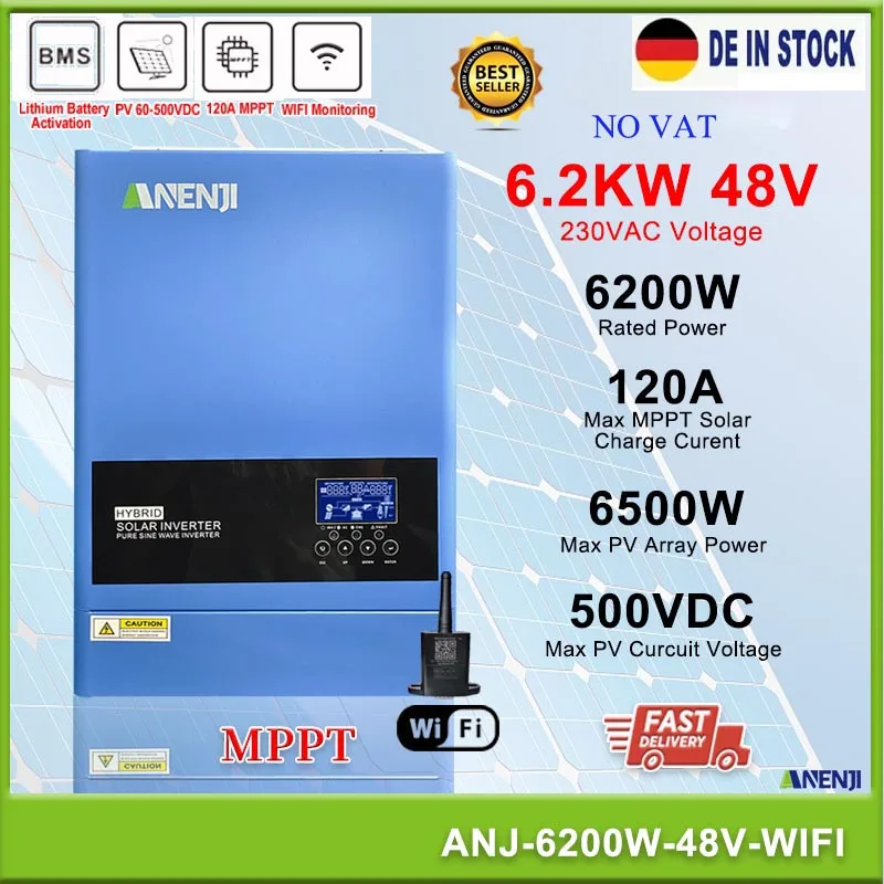 6.2KW Hybrid Solar Inverter 48V 230VAC Off Grid Pure Sine Wave Inversor PV 60-500V Built-in 120A Solar Charge Controller WIFI