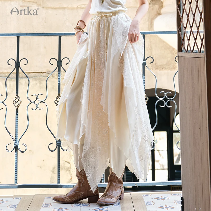 

ARTKA 2025 Autumn New Women Skirt French Vintage Lace Elastic High-waisted Skirt Irregular hem A-line Long Skirts QA52053Q