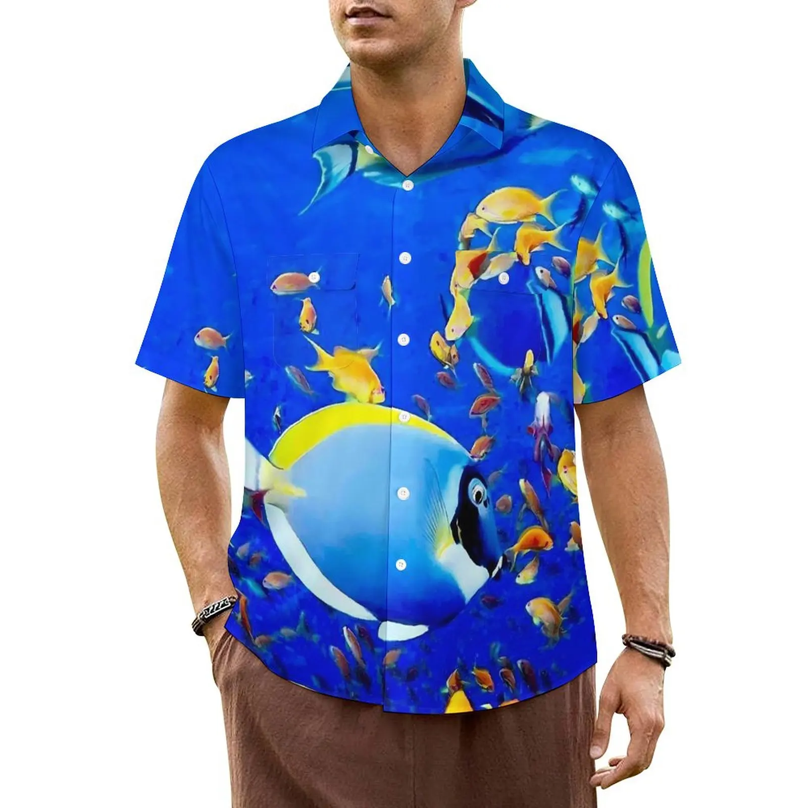 Camisa informal marina Tropical para hombre, camisa hawaiana elegante de peces coloridos, manga corta, ropa de calle de vacaciones, diseño de gran tamaño