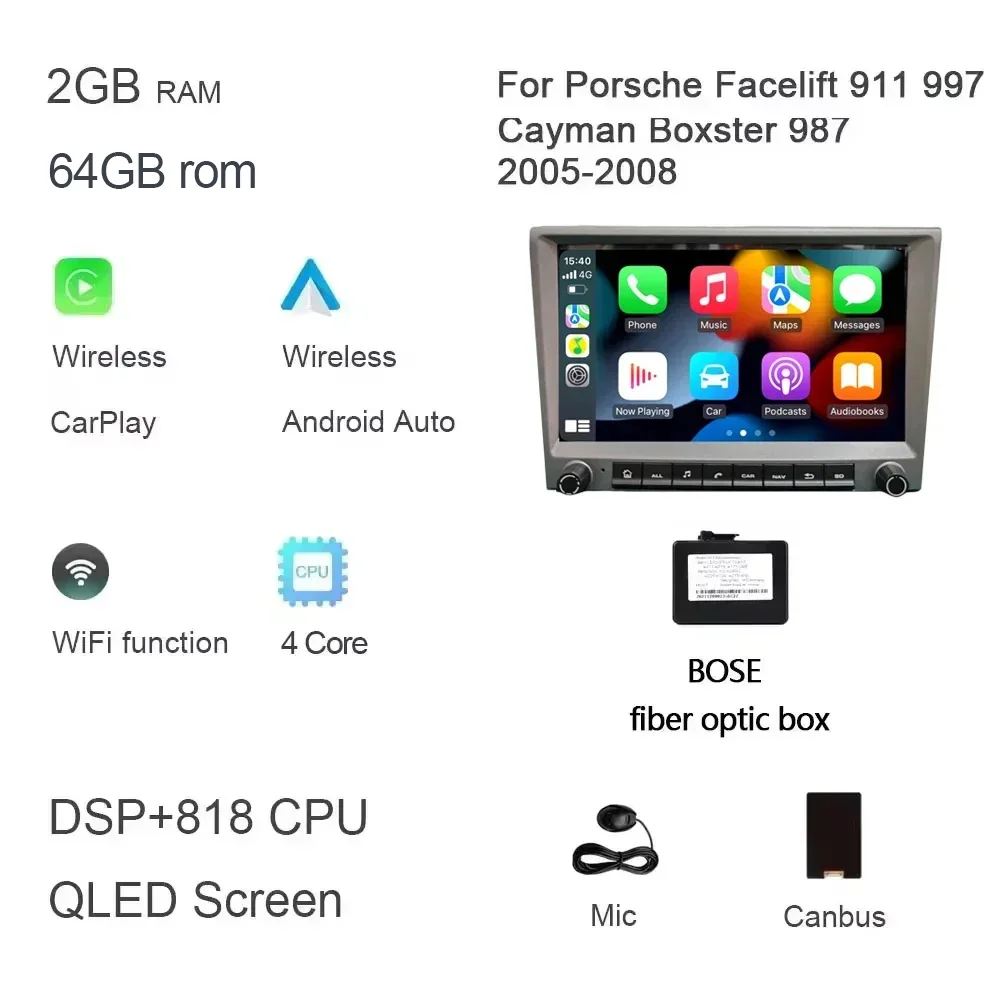 Grijs 720P CarPlay 8 "Android 14.0 Auto dvd-speler 8 Core 4GB DSP multimedia GPS autoradio Voor Porsche 911 997 987 Cayman Boxster