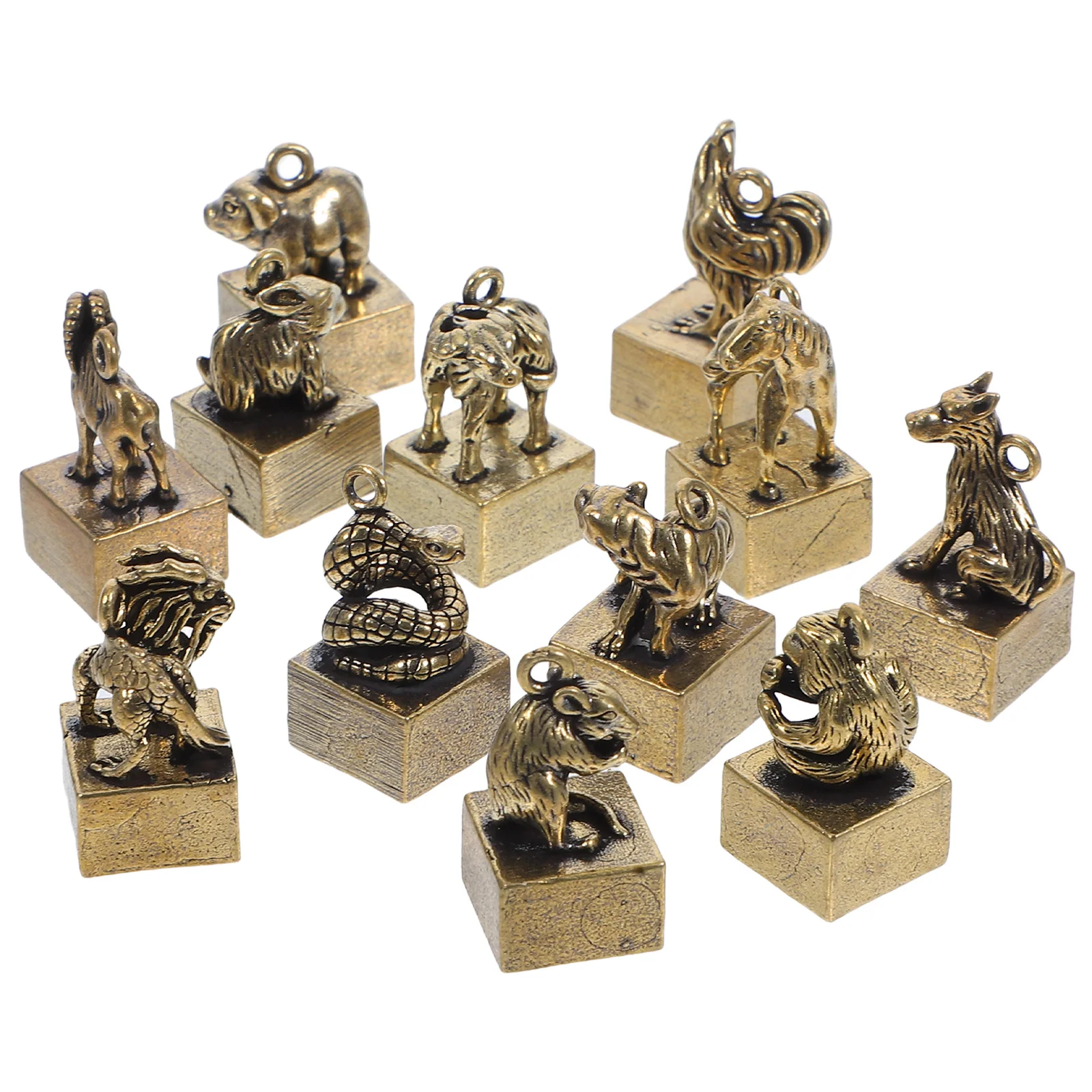 

12Pcs Zodiac Brass Sculpture Set Retro Decoration Desktop Ornaments Keychain Charms Unique Home Decor Zodiac Craft Decor