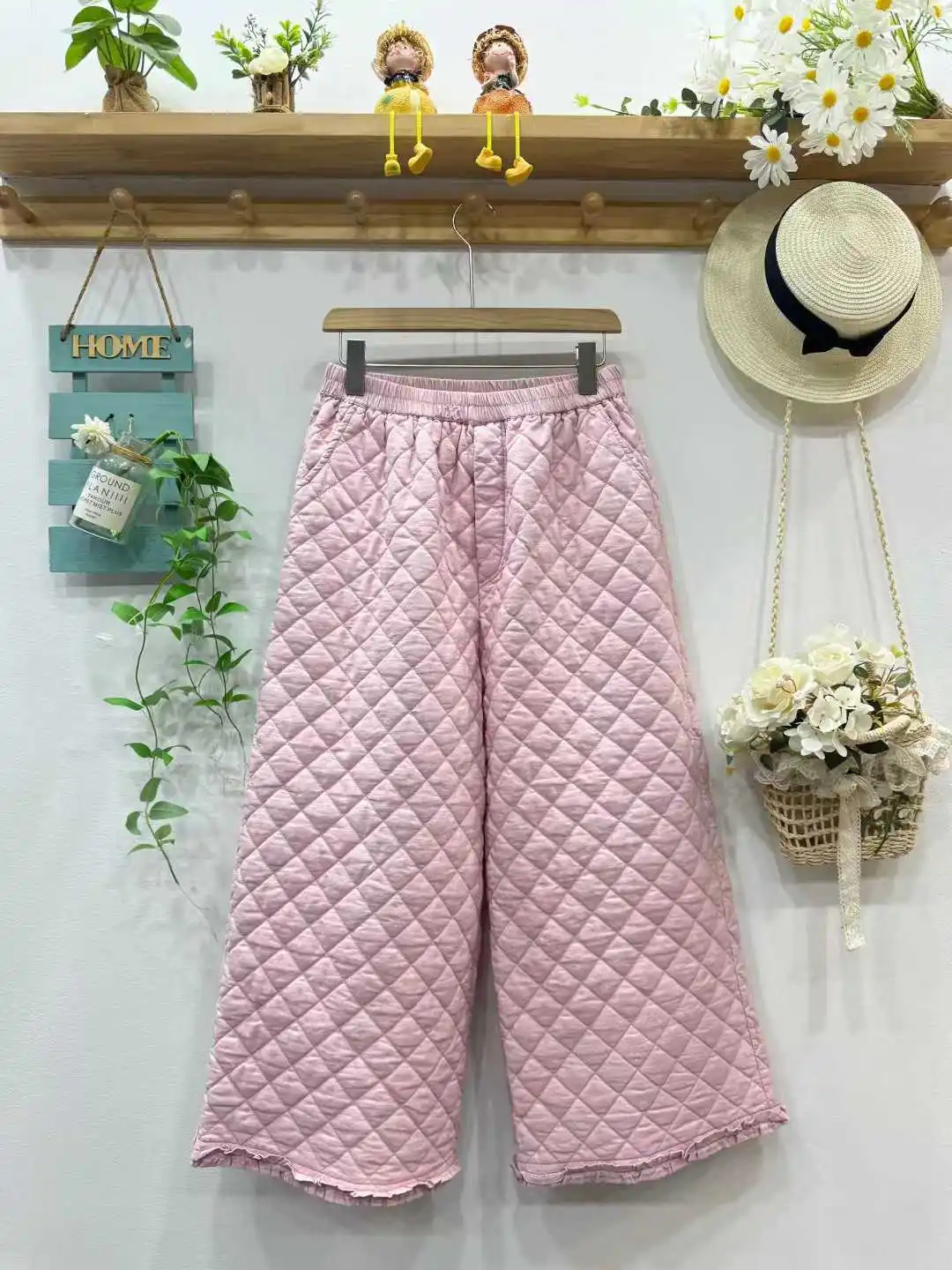 신상품 2025 겨울용 면 패딩 와이드 팬츠, 여성용 신축성 있는 허리 다이아몬드 그리드, 모리 걸 레트로 캐주얼 두꺼운 바지 B5D857CC