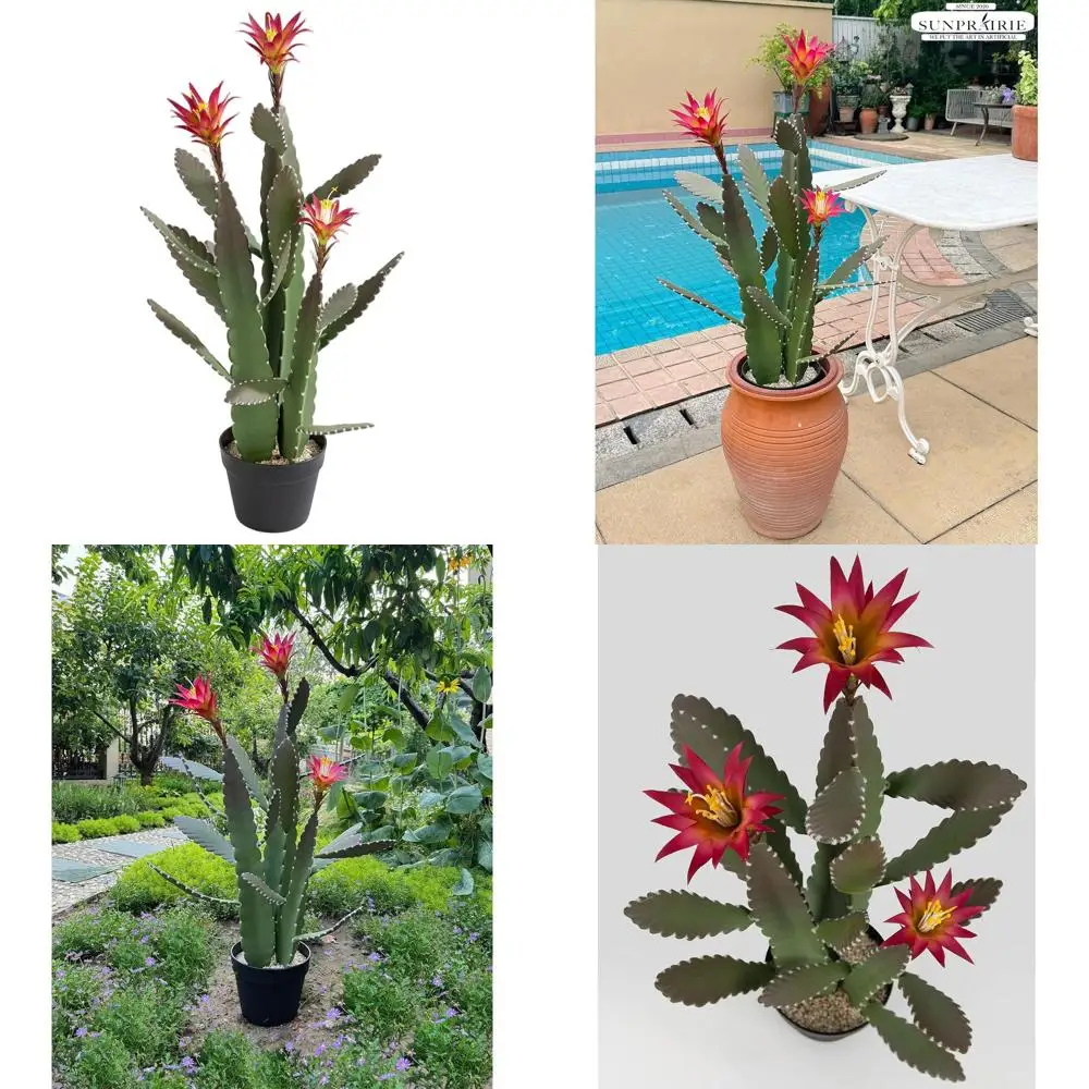 

33 Magenta-Blooming Artificial Cactus in Pot with Natural Gravel, Indoor/Outdoor Faux Plant with Satin Leaves