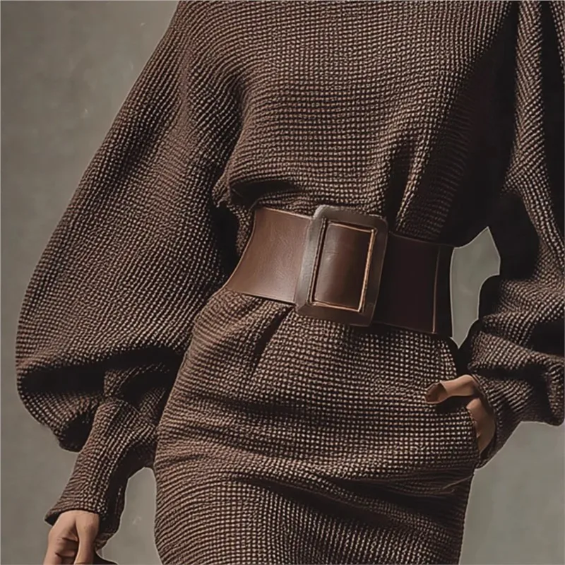 2025 Spring Autumn New Fashion Elegant Commuting Women's Dress Casual Solid Color One-line Collar Bat Sleeve Belt Pullover Dress