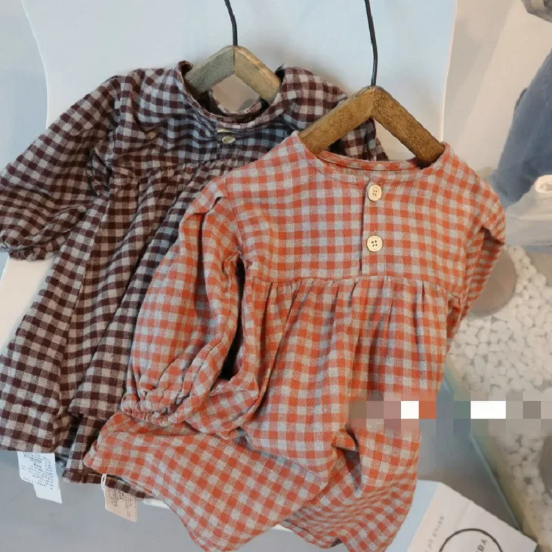 Spring and Summer New Fashionable Casual Simple Dress Children Clothing Girls Plaid Lady Long Sleeved Dress Princess