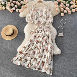 Boho Chiffon Floral Two Piece Set Women Puff Sleeve Short Tops+High Waist A-line Pleated Long Skirt Vacation Beach Set