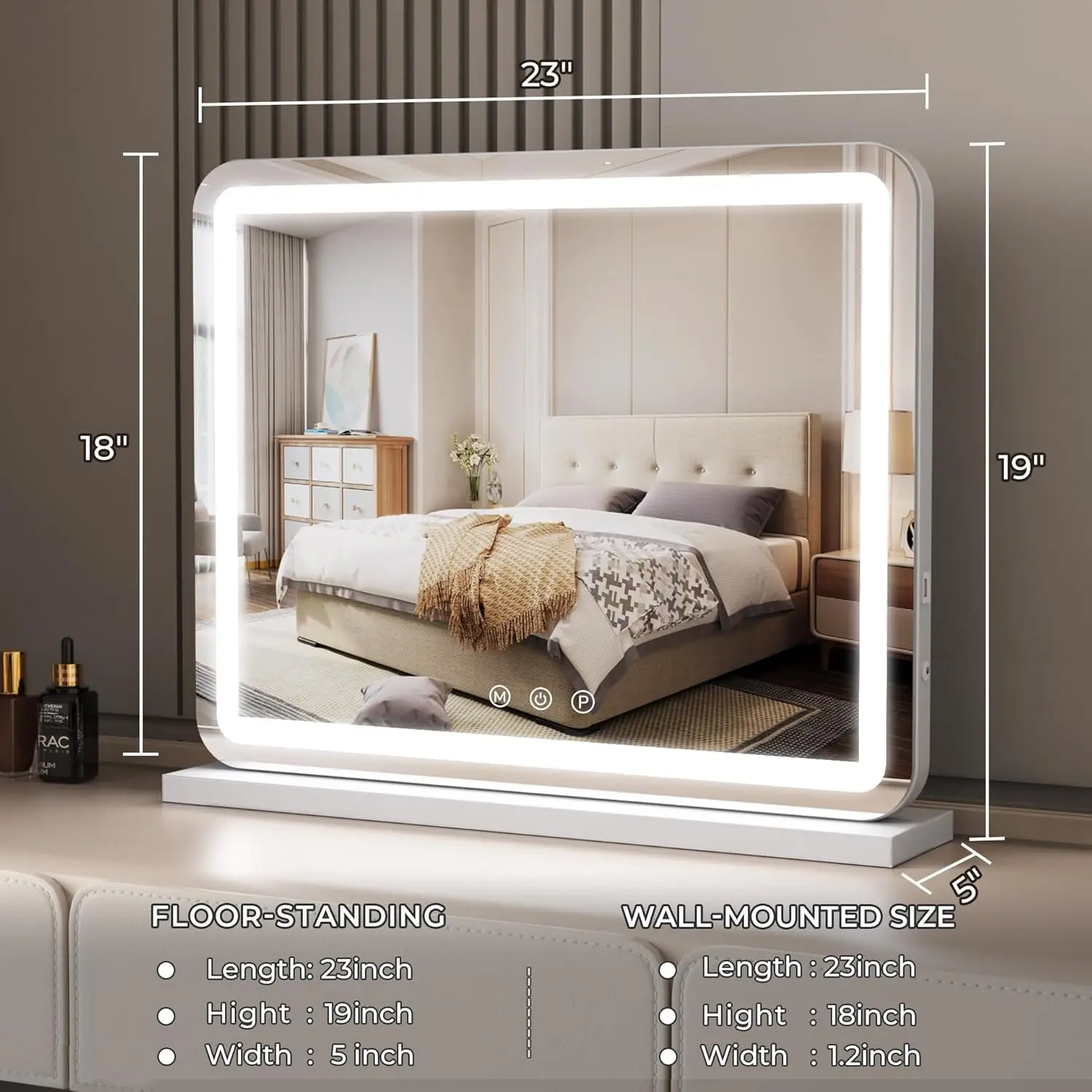 กระจกพร้อมไฟกระจกแต่งหน้าขนาดใหญ่23นิ้วพร้อมไฟ LED ไฟหรี่แสงได้แบบสัมผัสอัจฉริยะ3สีฟังก์ชั่นหน่วยความจำ