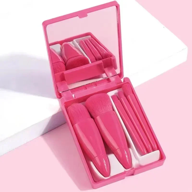 5Pcs Portable Makeup Brush Set with Mirror for Travel - Lip Highlight, Eyeshadow and Foundation Powder Blending Cosmetic Tools