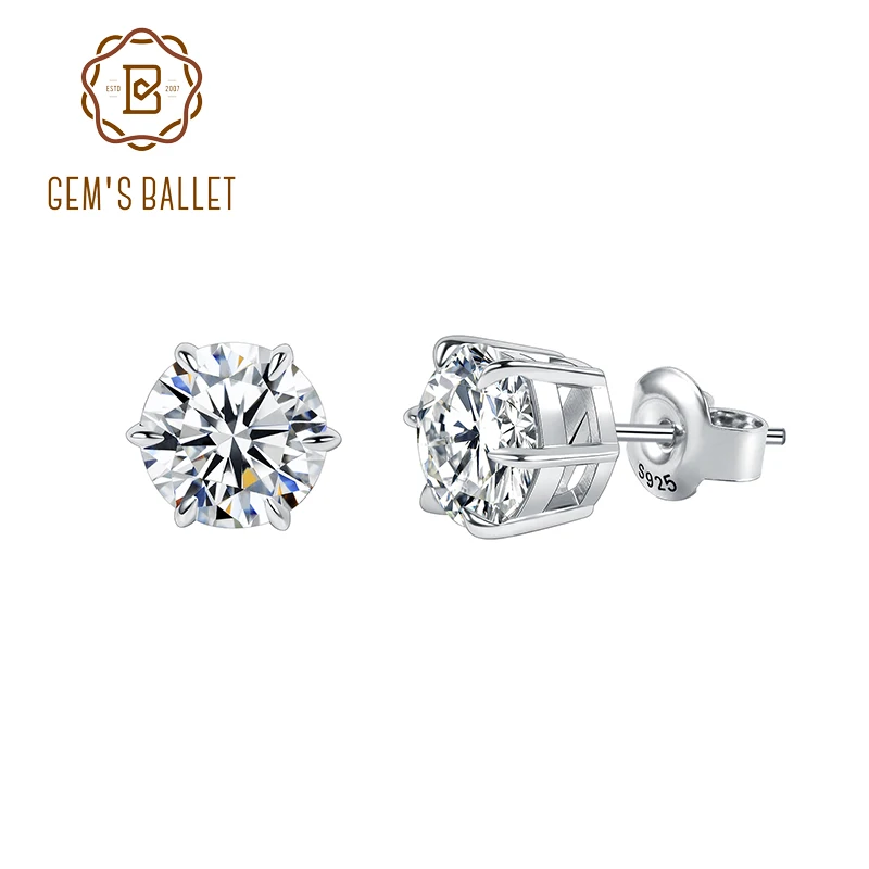 GEM'S BALLET 0.3 - 2.0CT D Color Claw 6-Prong Round Moissanite Basket Stud Earrings in 925 Sterling Silver Gift For Her 2025NEW