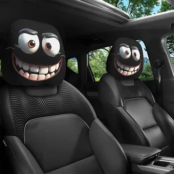 2pcs Smiley Face Printed Car Pillowcase Soft Comfortable Decorative Cushion Cover Auto Seat Headrest Washable Polyester Fabric