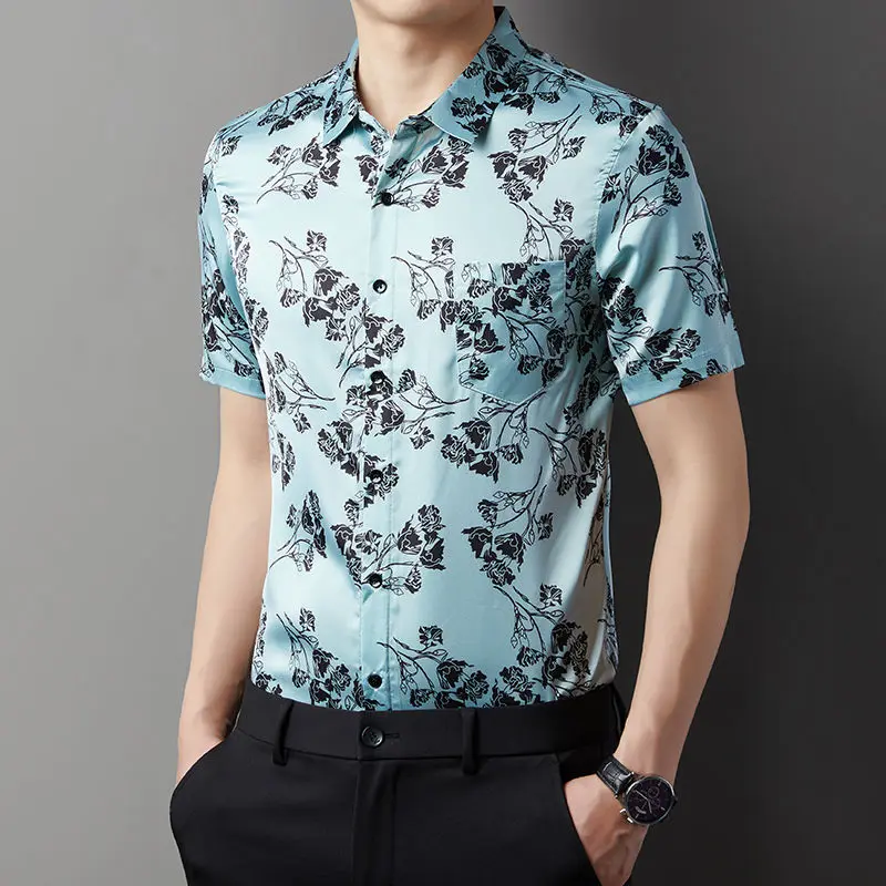 True Pocket Summer Men Short Sleeved Ice Shreds Slim Large Size Casual Half Sleeve Printing Tops Middle Age Thin Style Shirt