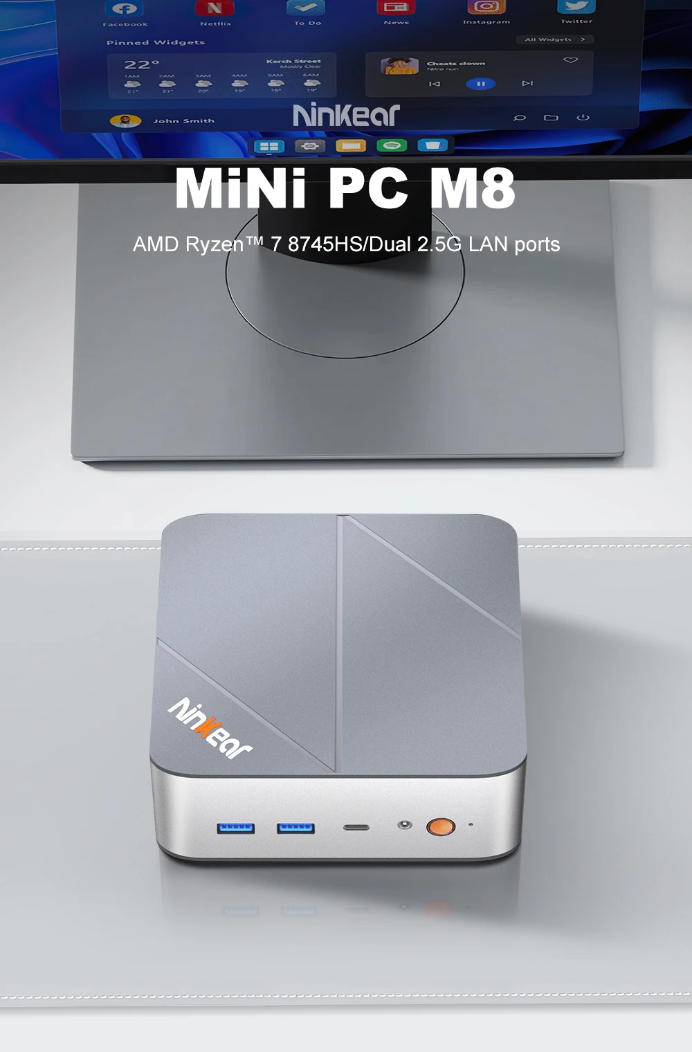 Ninkear M8 MINI PC AMD Ryzen™ 7 8745HS Mini Computers 16GB DDR5 1TB SSD WiFi6 BT5.2 Windows 11 Smart Fan Active Cooling