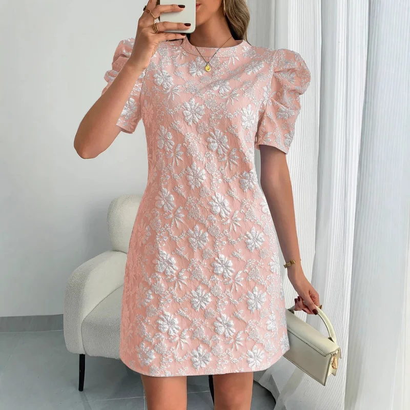 

2025Summer New Women's Puff Sleeve Textured Jacquard Round Neck Vintage Style Dress In Stock
