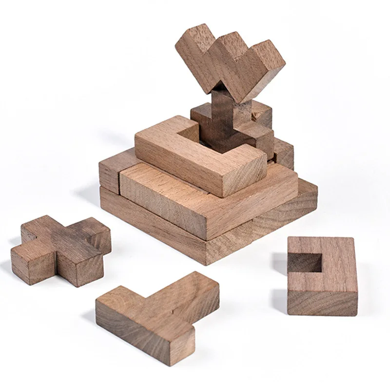 Walnut Russian Blocks Puzzle 3D Wooden Jigsaw Tangram IQ Logic Training Brain Teaser Montessori Educational Toys Learning Games
