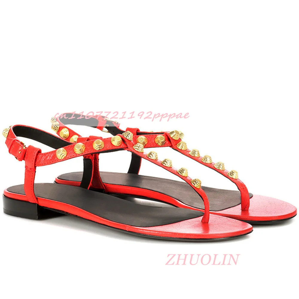 Summer Gold Rivet Thong Flat Sandals Round Toe Thick Heel Beach Shoes Comfortable Luxury Party Gladiator Shoes Zapatos Mujer 46