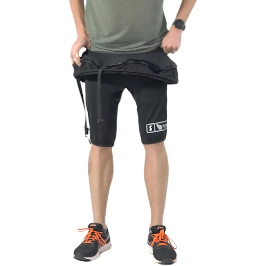 Microgravity air pressure treadmill shorts for rehabilitation use, nylon-spandex blend, black, double zipper design for secure
