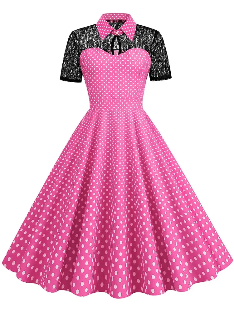 Polka Dot Lace Vintage Women Summer Dress Turn-Down Collar Short Sleeve Elegant Party Dresses
