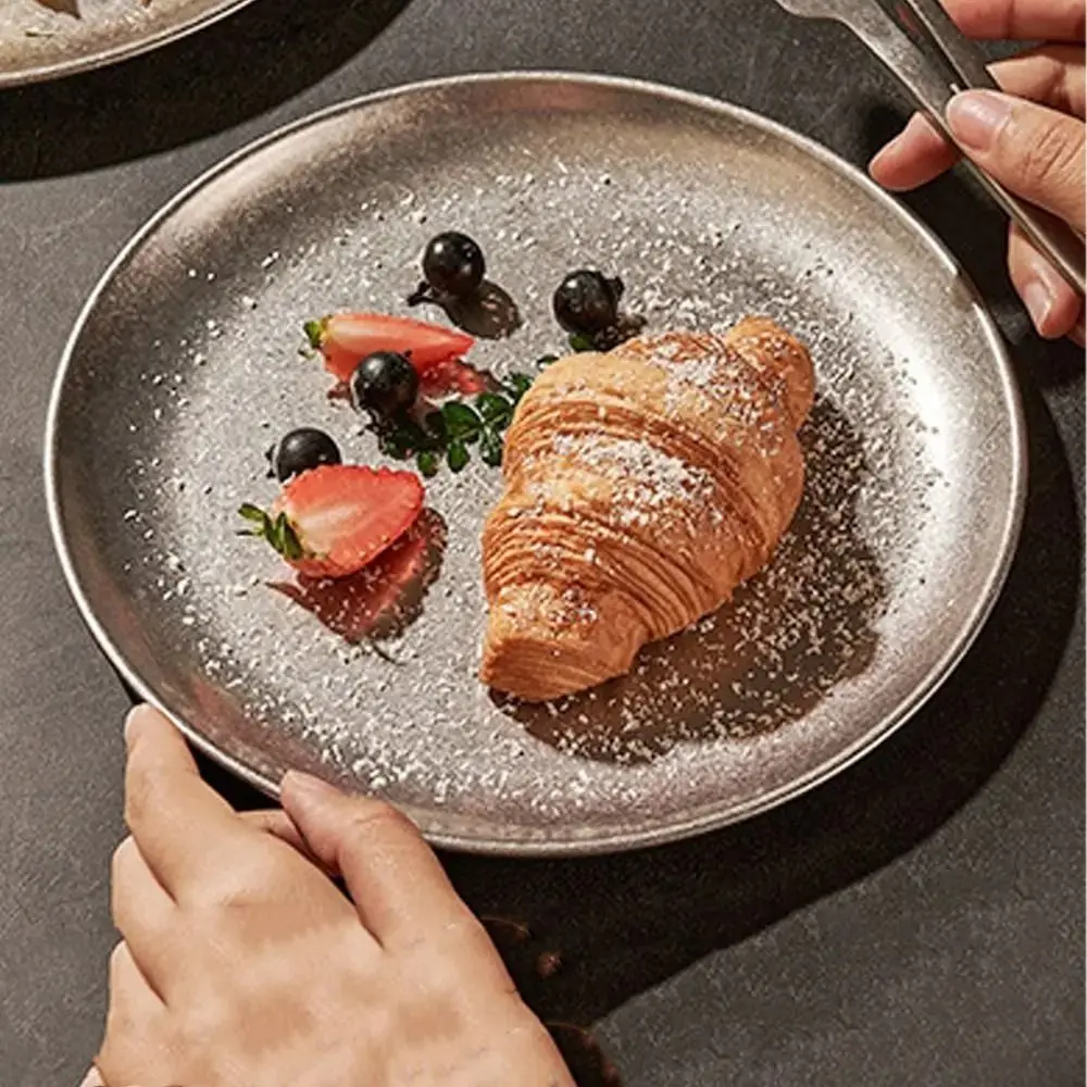 304 Stainless Steel Round Dinner Plate Vintage Worn Finish Industrial Style Coffee Tray Flat Round Shape Western Food Plate