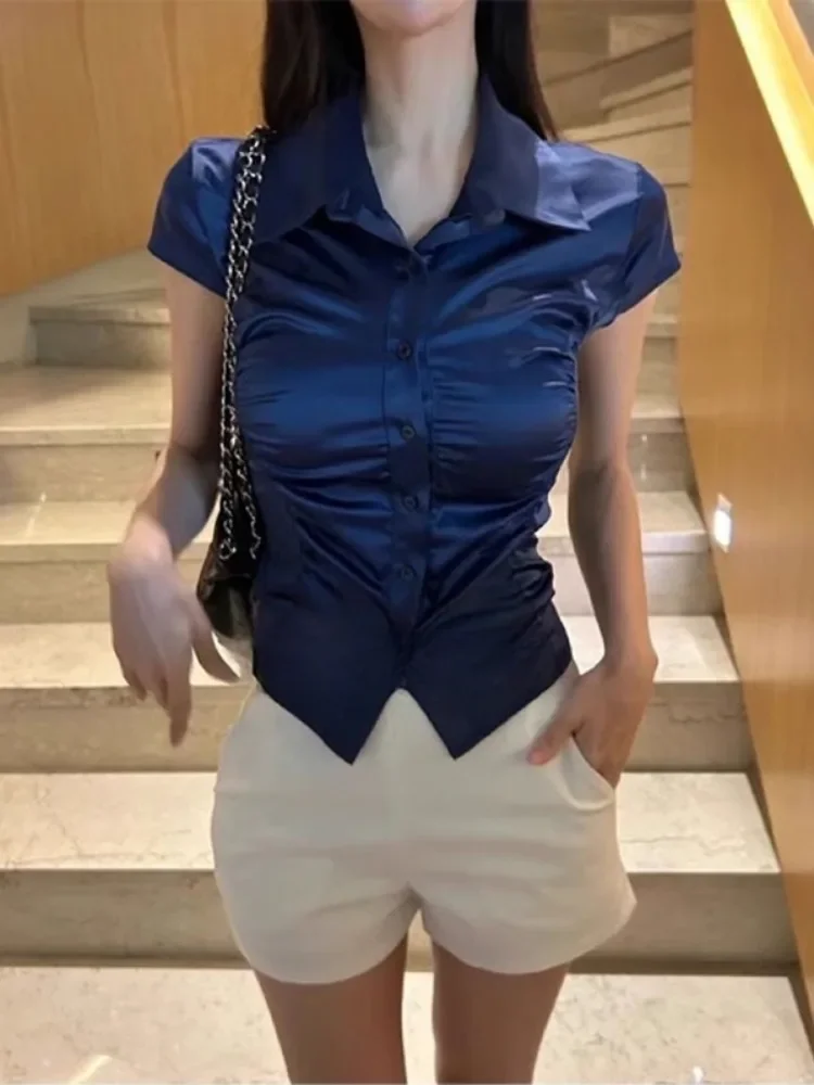 

Sexy Satin Short Sleeve Shirt Women 2024 Summer Folds Slim Fit Crop Top Korean Temperament Lapel Single Breasted Blouse
