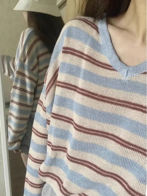 Korean Style Lightweight Stripe Knitted Long Sleeve Cover up Women Spring Autumn Loose Lazy Slimming Cold Tone Overhead Top