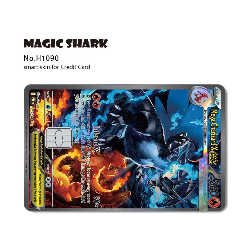 Magic Shark Mew Charizard EX Eevee Gengar Pikachu TCG Karte Holographischer Laser-Skin-Film Aufkleber für Bank- und Kreditkarten
